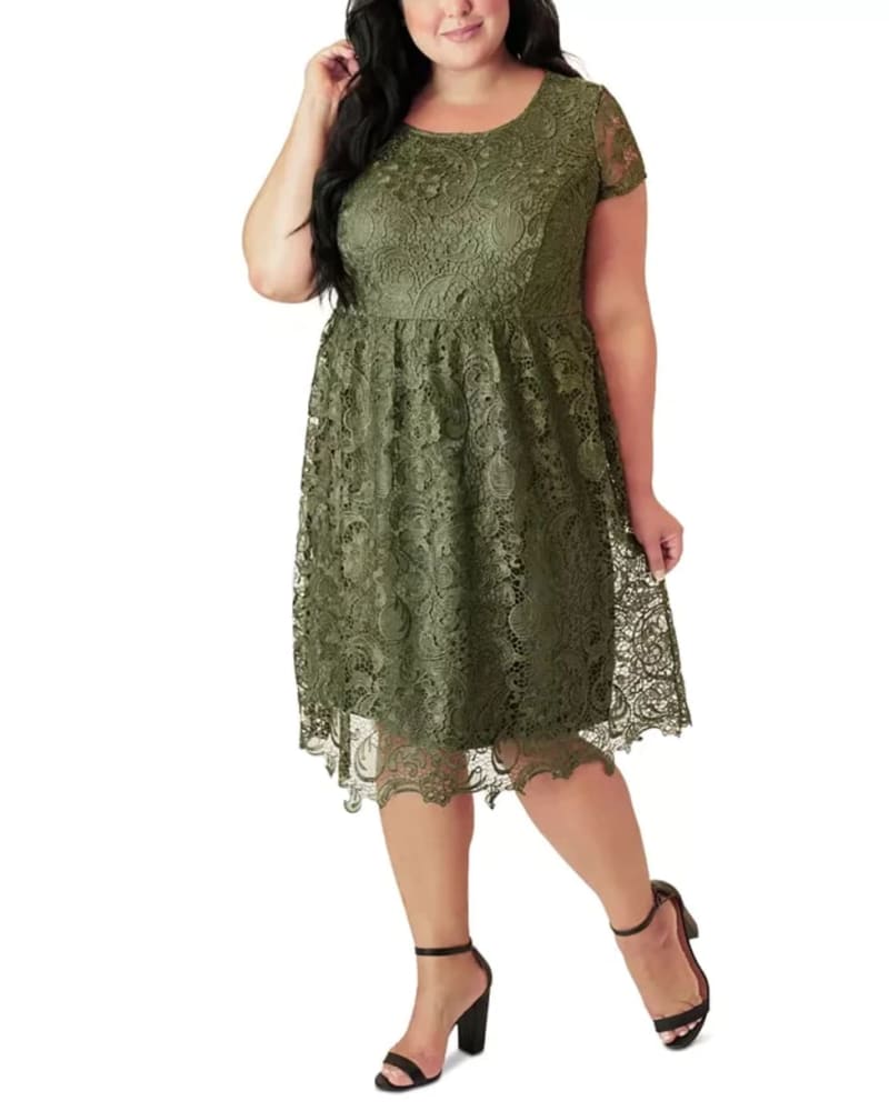 Front of a model wearing a size 12 Maree Pour Toi Women's Plus Maree Pour Toi Lace Fit & Flare Dress Green Size 12W in Green by Maree Pour Toi. | dia_product_style_image_id:313453